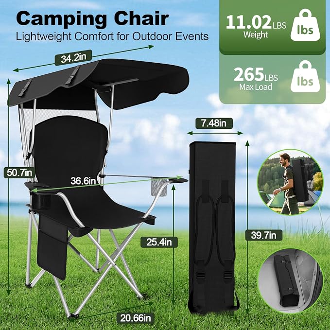 VTOY Portable Camping Chair with Canopy - Folding Chair with Canopy, Durable 600D Oxford Canopy Chair for Camping, Beach, Picnics, Fishing & Sports - Image 2