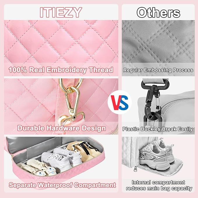 Graduation Birthday Gift for Her, Personalized Initial Weekender Bag for Women 45L Travel Duffle Carry On Quilted, 3PCS Overnight with Cosmetic & Toiletry Bag, Shoe Compartment, Gym Dance Bag for Girl - Image 6