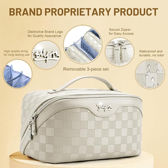 BOYATU Travel Makeup Bag Organizer: 3 Pcs Set Large Capacity Cosmetic Bags Holds 10–20 100ml Full-Size Bottles - 180°Open-Flat Make up Case 3-sec touch-up - Toiletry Bag Gift women (01-D-Beige) - Image 3