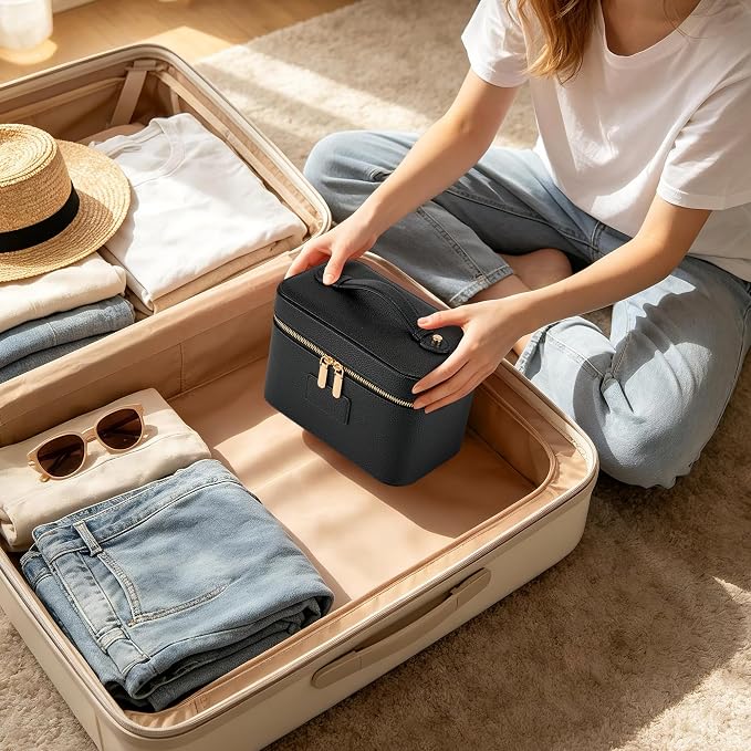 Makeup Bag Travel Toiletry Leather Cosmetic Case, Waterproof Makeup Organizer with Brush Holder, Wipe Clean Removable Divider Vanity Train Bag for Women, Black - Image 5