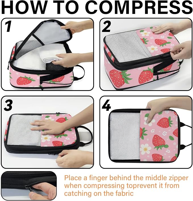 Strawberry Pattern 6 Set Compression Packing Cubes for Travel Luggage Carry On Suitcase Compressible Expandable Packing Cubes Organizers Bag - Image 4