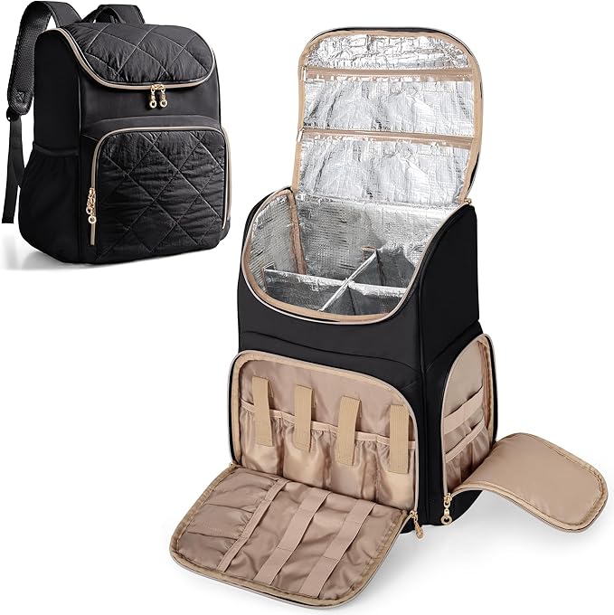 Marscamd Insulated Hairstylist Travel Bag Backpack with Detachable Dividers and Multiple Pockets, Quilted Hair Tool Travel Bag with Multiple Pockets for Hairstylist and Barber, Black by Marscamd