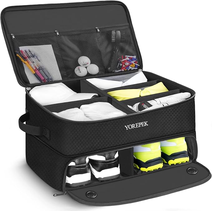 YOREPEK 2 Layer Golf Trunk Organizer, Golf Gifts for Men with Separate Ventilated Compartment for 2 Pair Shoes, Waterproof Car Trunk Locker for Balls, Tees, Clothes, Gloves, Gifts for Golfers by YOREPEK