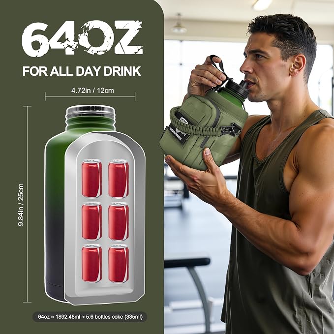 NATURE PIONEOR 64 oz Tactical Water Bottle with MOLLE Bottle Pouch & 3 Lids | 18/8 Food-grade Stainless Steel, Double Vacuum Insulation, 3 Leak-proof Lids, Handle, Strap, Camping, Hiking, Gym, Work - Image 6