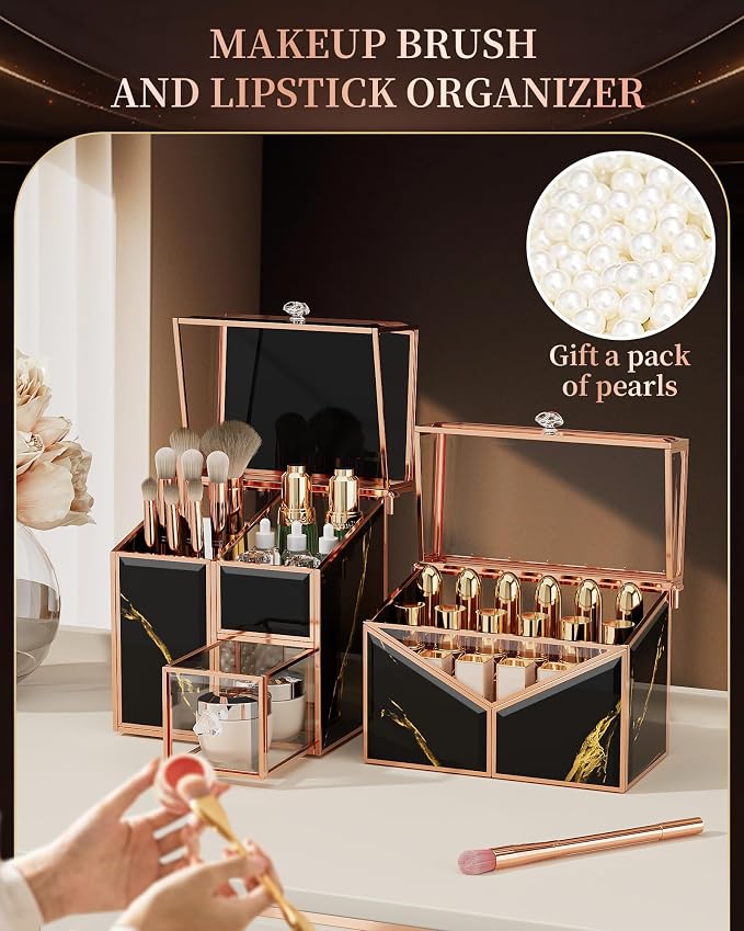 CoralHouse black makeup organizer – Vanity Holder with 18-Slot Lipstick Organizer & Covered Makeup Brush Holder – Skincare, Perfume & Cosmetic Display for Bathroom or Dresser - Image 3