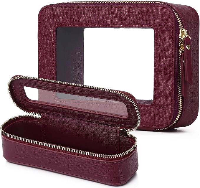 Pinkmik Travel Clear Makeup Bag with Brush Case TSA Approved Toiletry Bag Waterproof Cosmetic Organizer with Zipper Car Essential for Women (X/Burgundy, M+SLIM) by Pinkmik