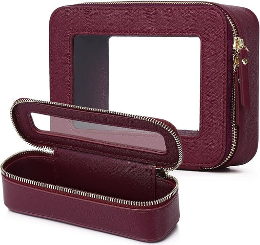 Pinkmik Travel Clear Makeup Bag with Brush Case TSA Approved Toiletry Bag Waterproof Cosmetic Organizer with Zipper Car Essential for Women (X/Burgundy, M+SLIM) by Pinkmik