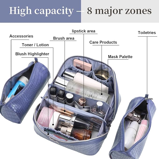 BOYATU Travel Makeup Bag Cosmetic Bags for Women: 3 Pcs Set Large Capacity Make up Bag with Handle - Crocodile Pattern Vegan Leather Toiletry Bags Travel Essentials with Compartments(E-3-Blue) - Image 5