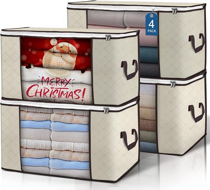 90L Large Storage Bags, 4 Pack Clothes Storage Bins Closet Organizers | Foldable Storage Containers, with Reinforced Handle, for Clothing, Blanket, Comforters, Bed Sheets, Pillows and Toys,Beige by BuddingJoy-BuildaJoyfulLifeforYou