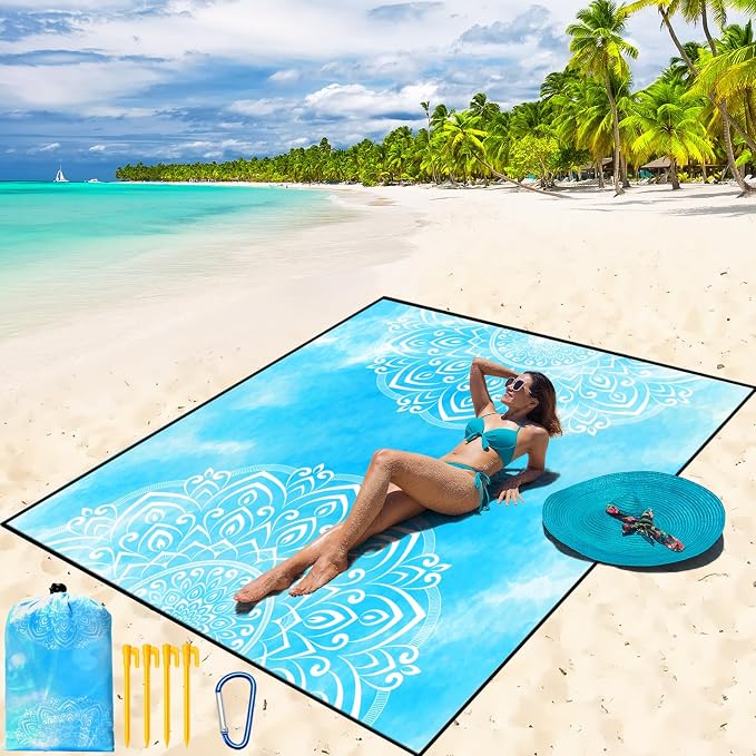 WIWIGO Beach Blanket Waterproof Sandproof Beach Mat 79" X 83"/10'x9'for 2-8 Adults Quick Drying Outdoor Picnic Mat Beach Accessories for Travel, Camping, Hiking by WIWIGO