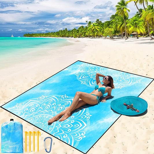 WIWIGO Beach Blanket Waterproof Sandproof Beach Mat 79" X 83"/10'x9'for 2-8 Adults Quick Drying Outdoor Picnic Mat Beach Accessories for Travel, Camping, Hiking by WIWIGO