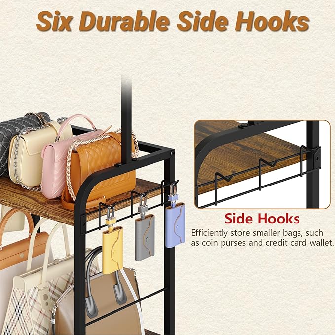Floor-Standing Purse Organizer for Closet with 5 Hangers & 6 Side Hooks, Tall Purse Rack Stand for Purse Storage, High-Capacity Handbag Organizer, Multi-Purpose Purse Storage Organizer for Small Place - Image 4