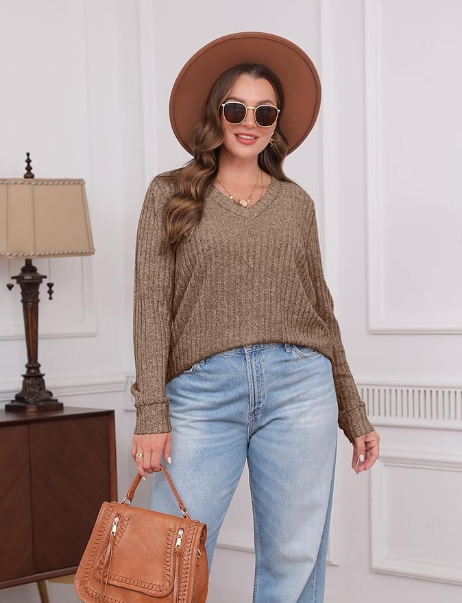 Sampeel V Neck Long Sleeve Shirts for Women Casual Fall Tops Lightweight Tunic Sweaters Fashion Clothes Loose Fit 2025