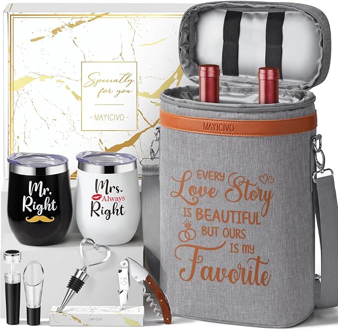 Anniversary Engagement Gifts for Men Women, Mr and Mrs Wine Tumblers Gifts Basket- Wedding Gifts for Couple, Bridal Shower, Newlywed, Husband, Wife - Insulated Wine Cooler Tote Bag w/Wine Accessories by MAYICIVO