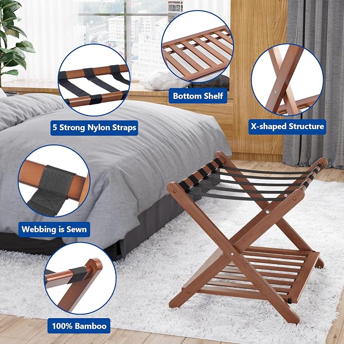 Smuxee Fully Assembled Walnut Luggage Rack, Upgraded Bamboo Foldable Suitcase Stand with 5 Nylon Straps, Luggage Holder with Shelf for Guest Room Bedroom Hotel - Image 3