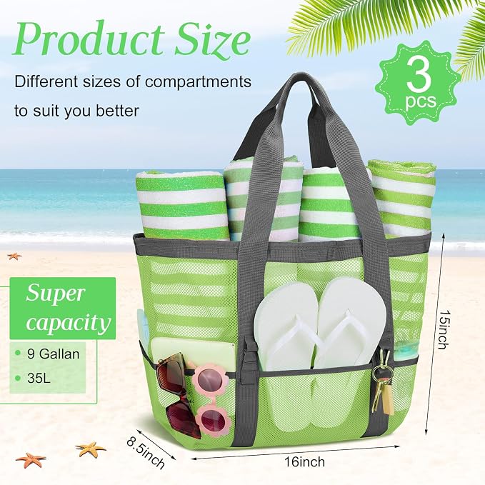 Hillban Large Beach Mesh Bags Bulk for Women Beach Tote Bag with 8 Pocket Zipper Waterproof Sandproof for Pool Cruise Ship - Image 3