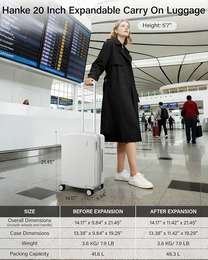 Hanke 20 Inch Expandable Carry On Luggage, 22x14x9 Airline Approved, TSA Lock Hard Shell Lightweight Suitcase for Men Women (Smoke White) - Image 2