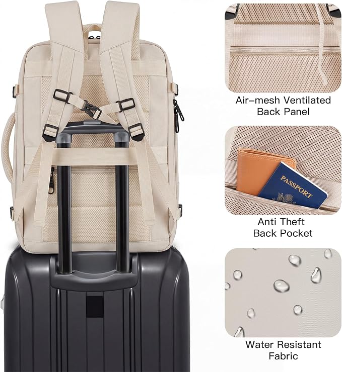 Gieury Travel Backpack, Extra Large 50L Expandable Backpack for Men Women, Carry On Backpack For Airplanes, Travel Essentials Luggage Suitcase Daypack Travel Gift Weekender Bag, Beige - Image 5