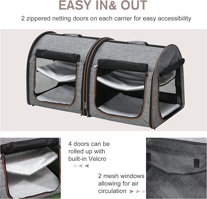PawHut 39" Portable Soft-Sided Cat Carrier, Cat Kennel, Travel Dog Crate with Divider, Two Compartments, Soft Cushions & Storage Bag, Easy to Fold, Light Gray | Cat Kennel, Travel Dog Crate with Divider, Soft Cushions & Storage Bag, Easy to Fold - Image 6