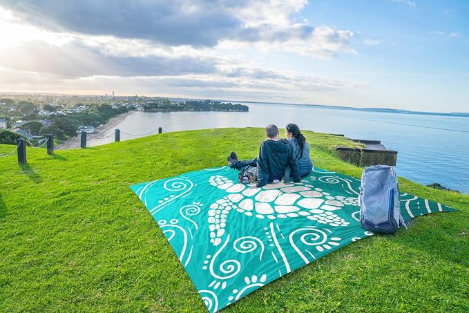 WEKAPO Beach Blanket Waterproof Sandproof Oversized Extra Large Sand Free Beach Mat with Stakes, Storage Bag - Essentials for Outdoor Beach, Picnic (Gradient Teal Sea Turtle, 11 X 9 FT (1~10 Person)) - Image 8