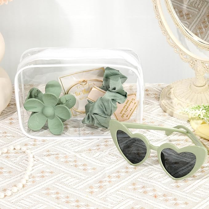 DEEKA 5 Pcs Bridesmaid Proposal Bag Set Gift Clear Makeup Toiletry Bag Bachelorette Party Favors Sunglasses Flower Claw Clips Scrunchies Knot Bracelets Bridal Wedding Party Gifts (Sage Green) - Image 7