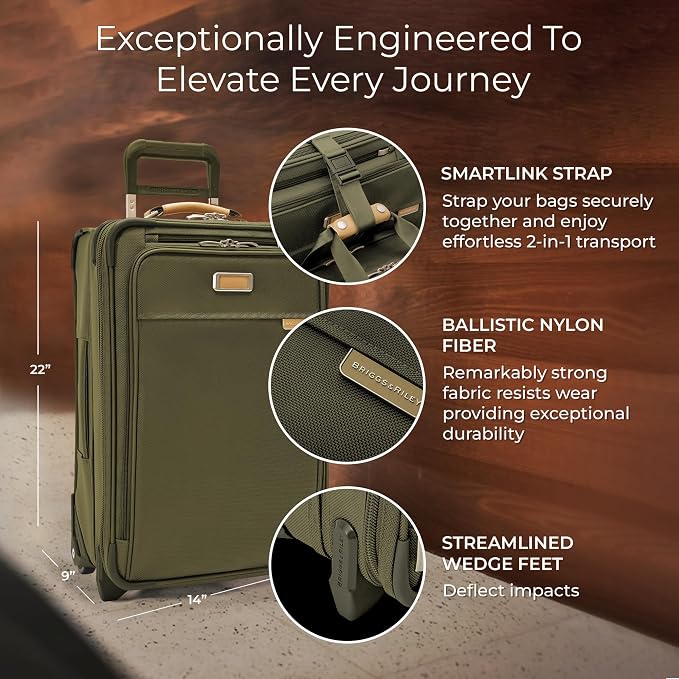 Briggs & Riley Essential 22" 2-Wheel Expandable Carry On - Luggage for Travel, Suitcases with Wheels, Softside Rolling Bag for Men & Women, Self-Repairing Zipper - Baseline Collection, Olive - Image 2