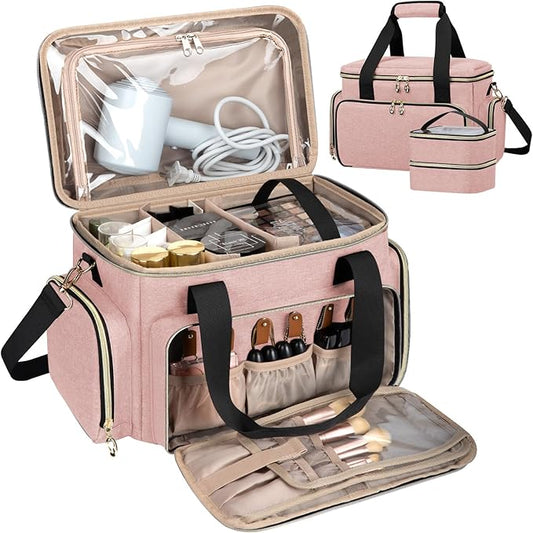 GDNasist Large Makeup Bag, Portable Travel Makeup Bag Organizer for Women Girls with 2 Removable Pouches & Detachable Dividers, Cosmetic Travel Bag, Toiletry Bag for Makeup and Hair Supplies Pink by GDNasist