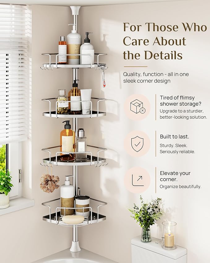 ALLZONE Corner Shower Caddy Tension Pole, 4 Hang-On Basket with Mixed-Height Shelves for Various Bottle Sizes, Extra Hooks & Soap Holder, Rustproof Stainless Steel, Fits 34–116 Inch, Silver/Dark Gray - Image 5
