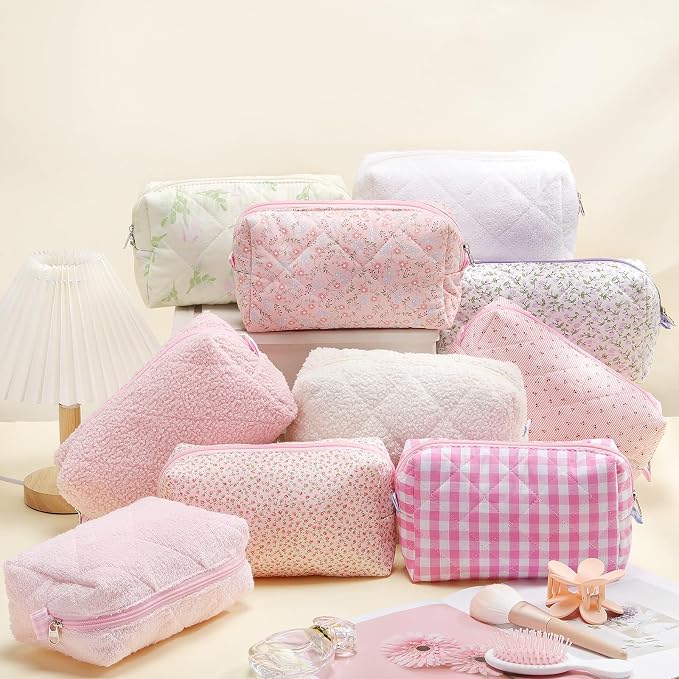 Paterr 10 Pcs Quilted Makeup Bag Bulk Cotton Floral Cosmetic Bag Women Girls Bridesmaid Gifts Cute Makeup Pouch Coquette Aesthetic Travel Toiletry Organizer(Purple Floral,7.87 x 4.72 x 3.15 Inches) - Image 4