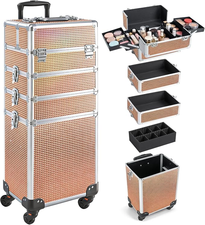4 in 1 Makeup Train Case - Professional Cosmetology Case on Wheels, Large Transformable Makeup Train Case & Barber Case, Portable rolling makeup case & Makeup Cart, Rose Gold by Safeshower
