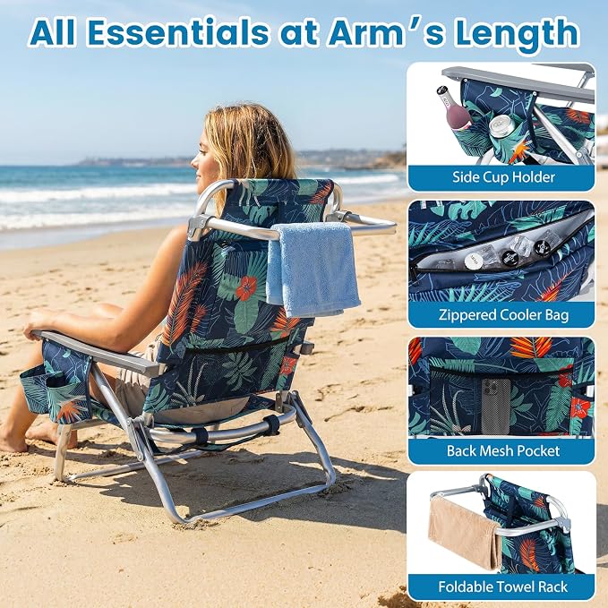 Giantex Folding Beach Chair, Patio Sling Chairs with 5 Adjustable Position, Head Pillow, Storage Bag, Towel Bar, Cup Holders, Backpack Chairs for Sunbathing, Camping Chair - Image 4