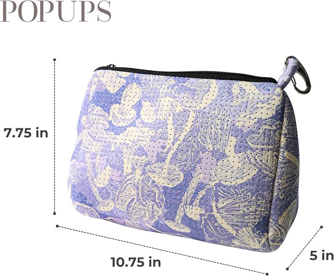 POPUPS Brand Large Makeup Bag with Zipper - Neoprene Machine Washable Travel Toiletry Cosmetic Organizer Pouch for Women (Print Shrooms Lilac) - Image 3