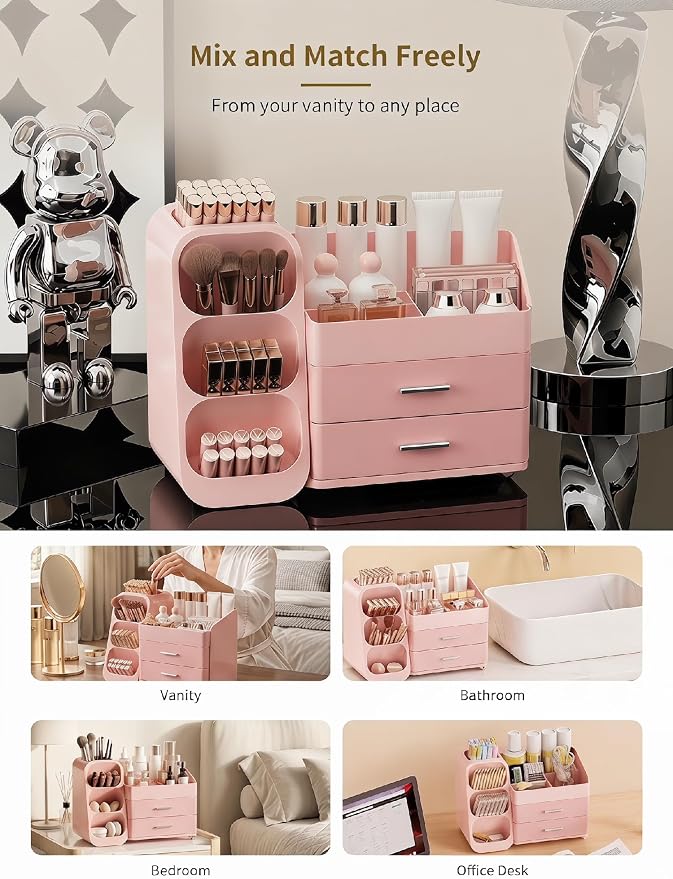 Booklov Large Makeup Organizer for Vanity and Bathroom Countertop, Pink | Plastic Cosmetic Display Case with Drawers, Beauty Brush Holder for Dresser Counter Skin Care Eyeshadow Lipstick Storage - Image 8
