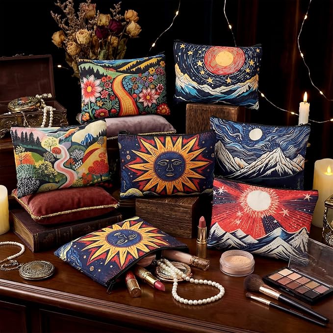 Sweetude 12 Pcs Abstract Art Landscape Makeup Bag Bulk Abstract Art Gifts Portable Travel Cosmetic Bags with Zipper Mountain Waterproof Roomy Travel Toiletry Organizer Storage Beauty Pouch for Women - Image 2