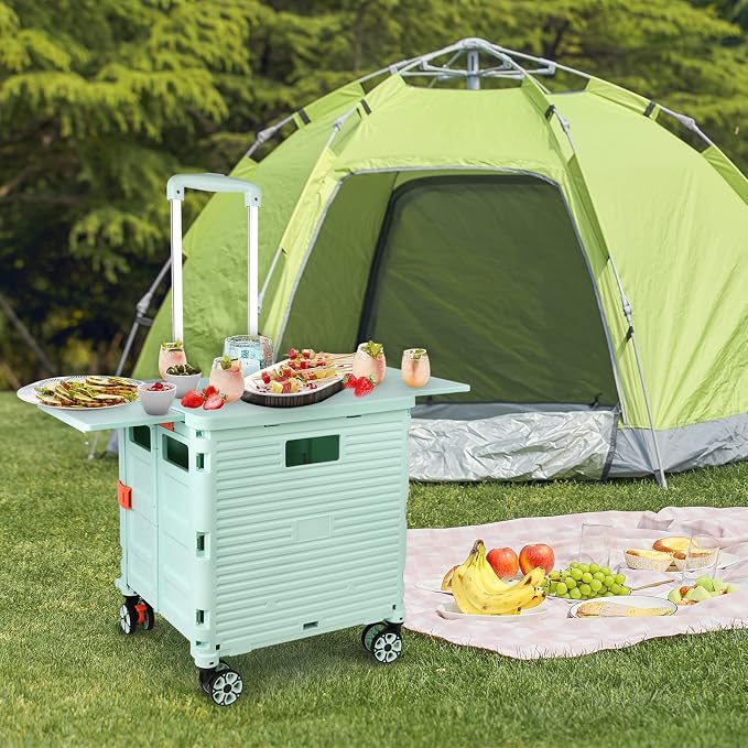 FELICON SELORSS Folding Utility Cart Portable Rolling Crate Handcart-Green | Magnetic Sliding Lid,Telescoping Handle,Plastic Box Dolly,360°Swivel Wheels for Travel Shop Move Laundry Office Teacher Use - Image 7