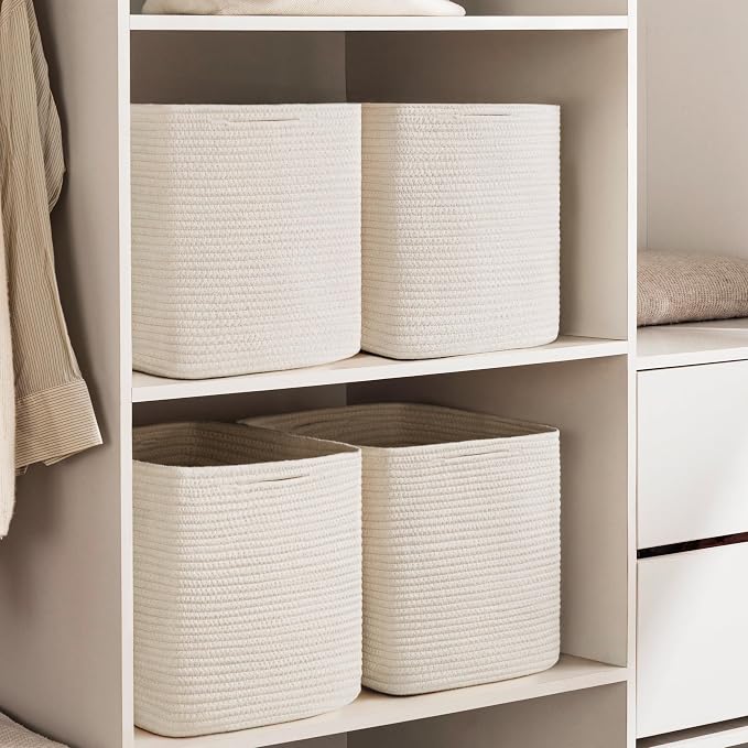 joybest 13x13x13 Inch Cube Storage Bins Set of 4, Cotton Rope Woven Organizer Basket for Shelves, Cube Bin Square Shelves Organizer Closet Storage, Nursery, Toy Organization, Beige - Image 5