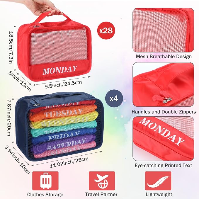 Days of Week Packing Cubes Summer Camp Essentials Weekly Organizer Storage Bag School Clothes for Travel Kids Family(9x7x3inch,Rainbow,32) - Image 3