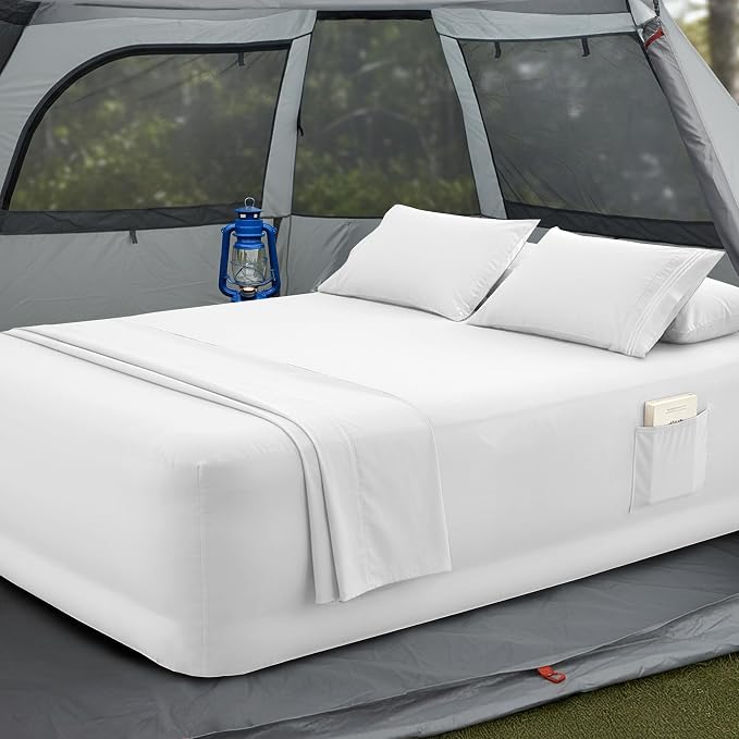Mocassi 4-Piece Extra Deep Pocket 16-24 Inch Air Mattress Bed Sheet Set- 4PC Sheet Set with Smart Pockets Ideal for Air Beds, RVs, Camping and Guest Rooms Premium Hotel Quality, Cal King, White by MocassiLuxuryBedding