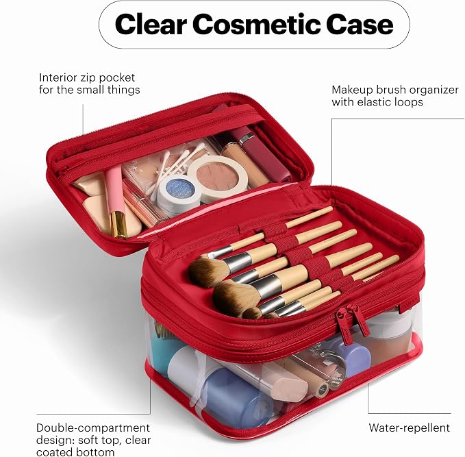 Away Clear Cosmetic Case - Water-Repellent Transparent Cosmetic Bag with 2 Compartments, Brush Holder, Interior Zip Pocket - Cherry Red - Image 4