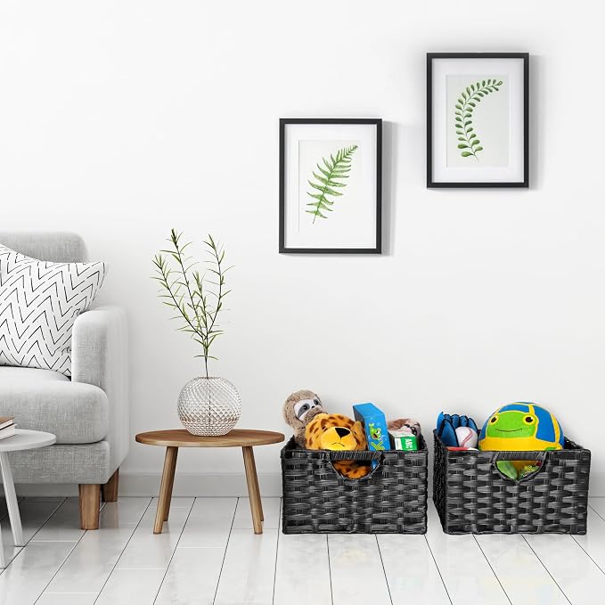 Seville Classics Premium Handwoven Portable Laundry Bin Basket with Carrying Handles, Household Storage for Clothes, Linens, Sheets, Black, Rectangular (2-Pack) - Image 2