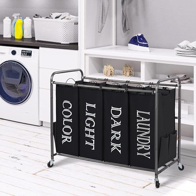 STORAGE MANIAC Laundry Sorter 4 Section, 47.5 Gal (180 L) Laundry Hamper with Wheels, Clothes Divider Basket Sorter, Separator Hamper Cart with Removable Bags, Label Black - Image 8