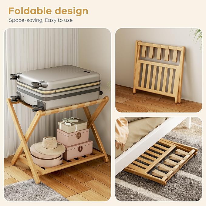 Full Assembled 26.77"L Luggage Rack for Guest Room, Set of 2 Foldable Suitcase Stand with 5 Nylon Straps, Luggage Holder with Shoe Shelf for Suitcases Hotel (Natural Wood Bamboo Luggage Stands) - Image 5