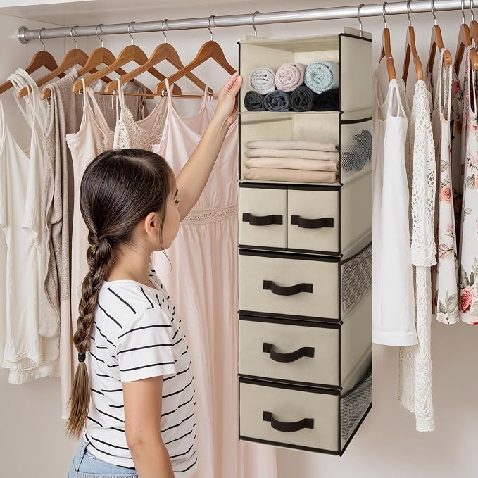 GRANNY SAYS Hanging Closet Organizers and Storage 6 Shelves, Closet Hanging Organizer with 5 Drawers, 6 Side Pockets Hanging Storage Organizer, Portable Clothes Organizer for Closet, Beige - Image 7