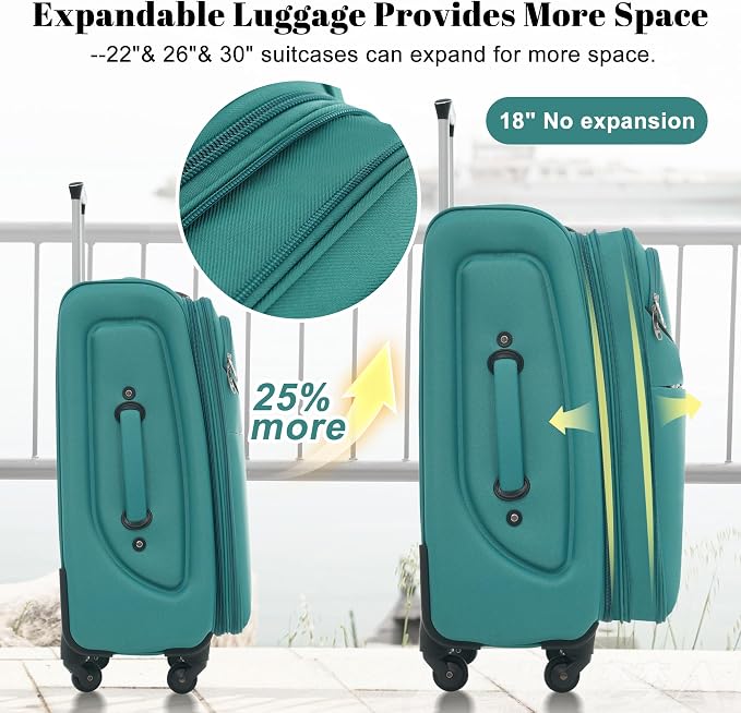 Merax 4-Piece Expandable Luggage Set,Softside Suitcase,Blue Green | 18" 22" 26" 30" Lightweight Luggage with Spinner Wheels,Suitcase Set with TSA Lock,Front Pocket & Interior Organization - Image 4
