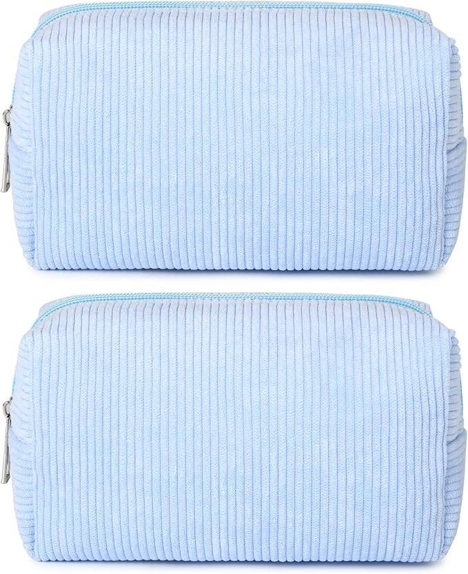 SOIDRAM 2 Pack Corduroy Makeup Bag for Women, Blue Makeup Pouch Small Cosmetic Bag Travel Toiletry Organizer for Skincare, Brushes & Essentials by SOIDRAM