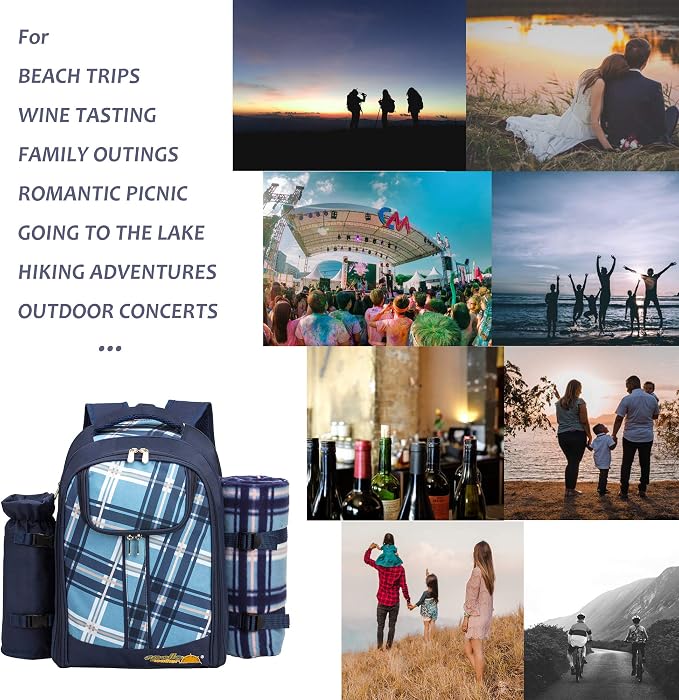 Apollo walker Picnic Backpack Set for 4 with Cooler Compartment,Detachable Bottle/Wine Holder Including Large Picnic Blanket(45"x 53") for Picnic Family and Lovers Gifts,Outdoor,BBQ Time (Blue) - Image 9