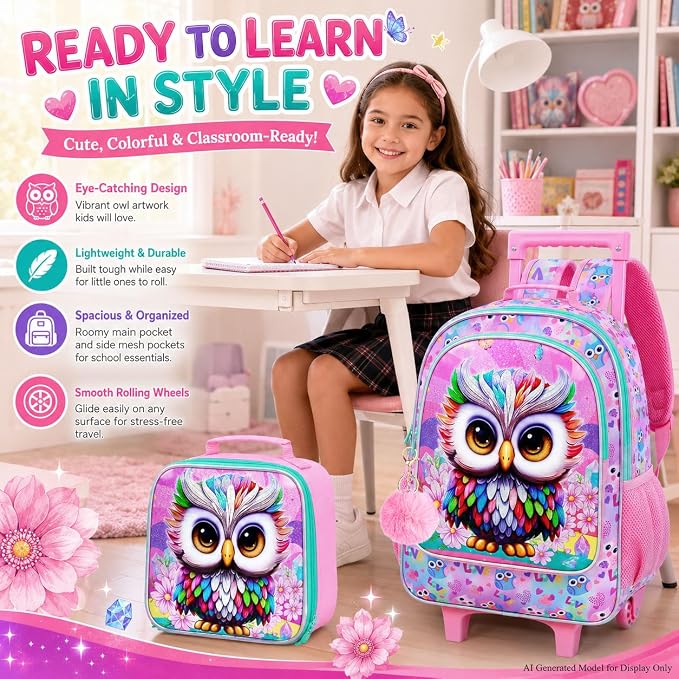 HPJGD 3PCS Owl Rolling Backpack for Girls, Kids School Backpacks with Wheels, Water Resistant UV Printed Roller Wheeled Bookbag Set - Image 8