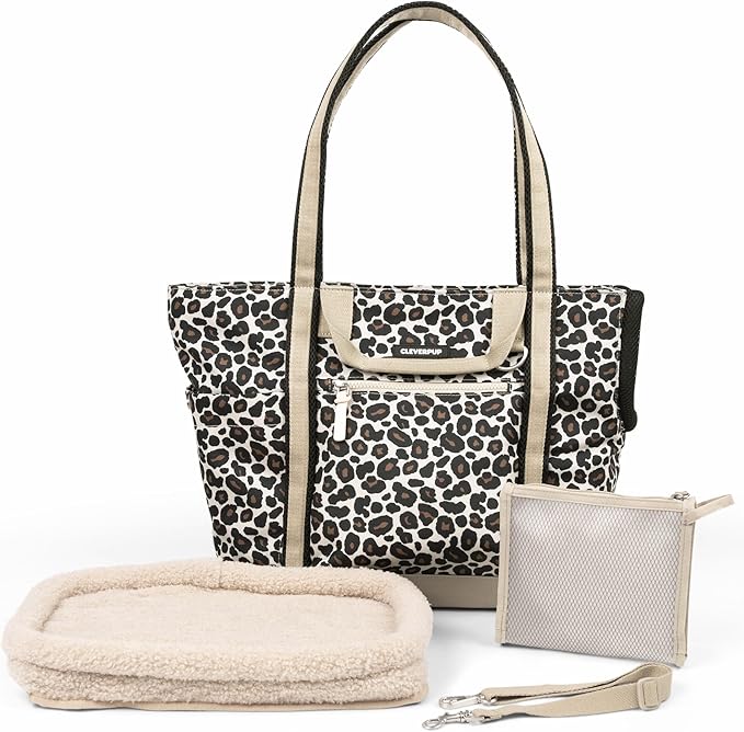 Cleverpup Transit Tote Dog Carrier for Small/Medium Dogs 8-20 lbs, 19x12x9 Soft-Sided 4-Pc Set with Waterproof Base, Plush Insert, Food Pouch, Mesh Head Opening - Medium, Leopard by Cleverpup