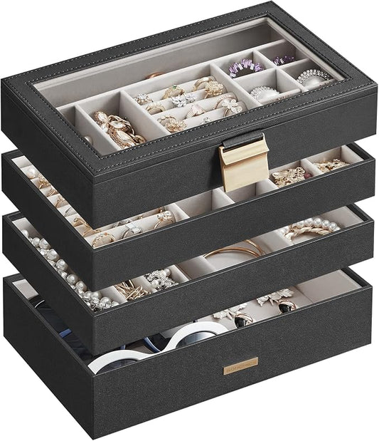 SONGMICS GISELLA Collection - Stackable Jewelry Trays, 4-Tier Jewelry Box, Drawer Jewelry Organizer, with Glass Lid, Removable Dividers, 6.7 x 11 x 7.2 Inches, Gift Idea, Ink Black UJBC164B01 by Unknown