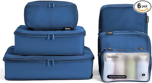 6 Set Compression Packing Cubes for 7–14 Day Travel, Dark Blue | Nylon Oxford Fabric, Full Breathable Mesh, Reinforced Double-Zipper, Small to Large Size Bag, Expandable Packing System by SOARSAIL